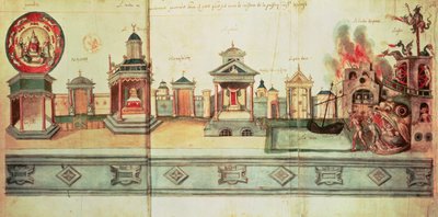 Ms fr.12536 f.2 Die Kulisse für das Mysterium von Valenciennes, 1547 von Hubert Cailleau
